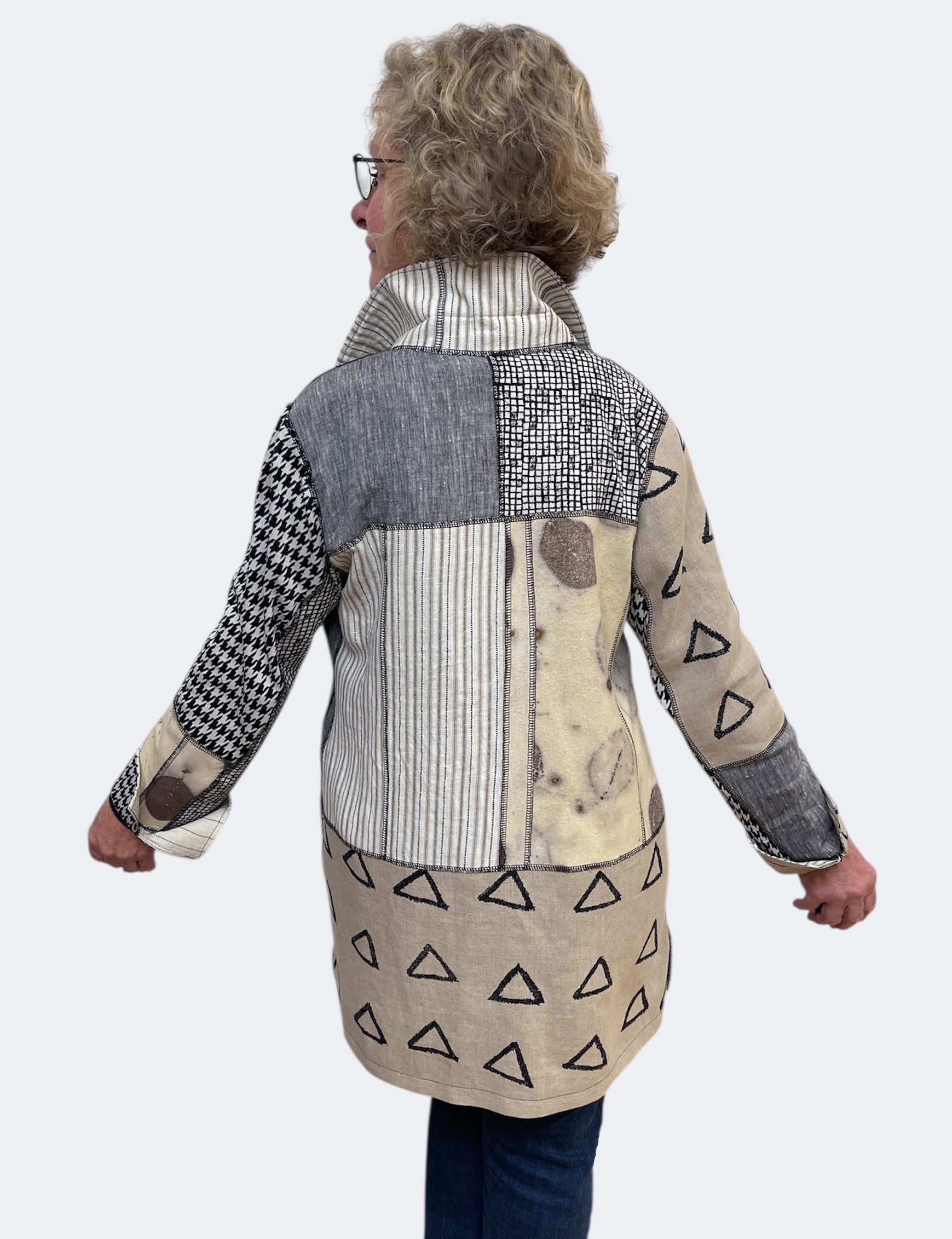 Beige Grey Eco Print Silk Linen Upcycled Jacket | Engayla