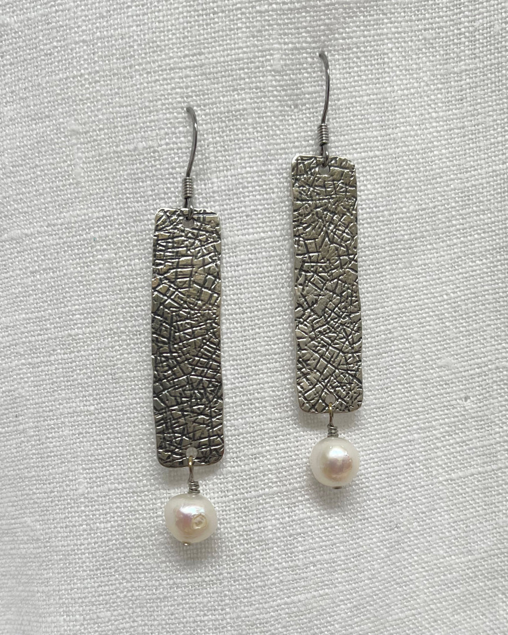 Sterling Silver Rectangle Earrings Freshwater Pearl Drop | Engayla