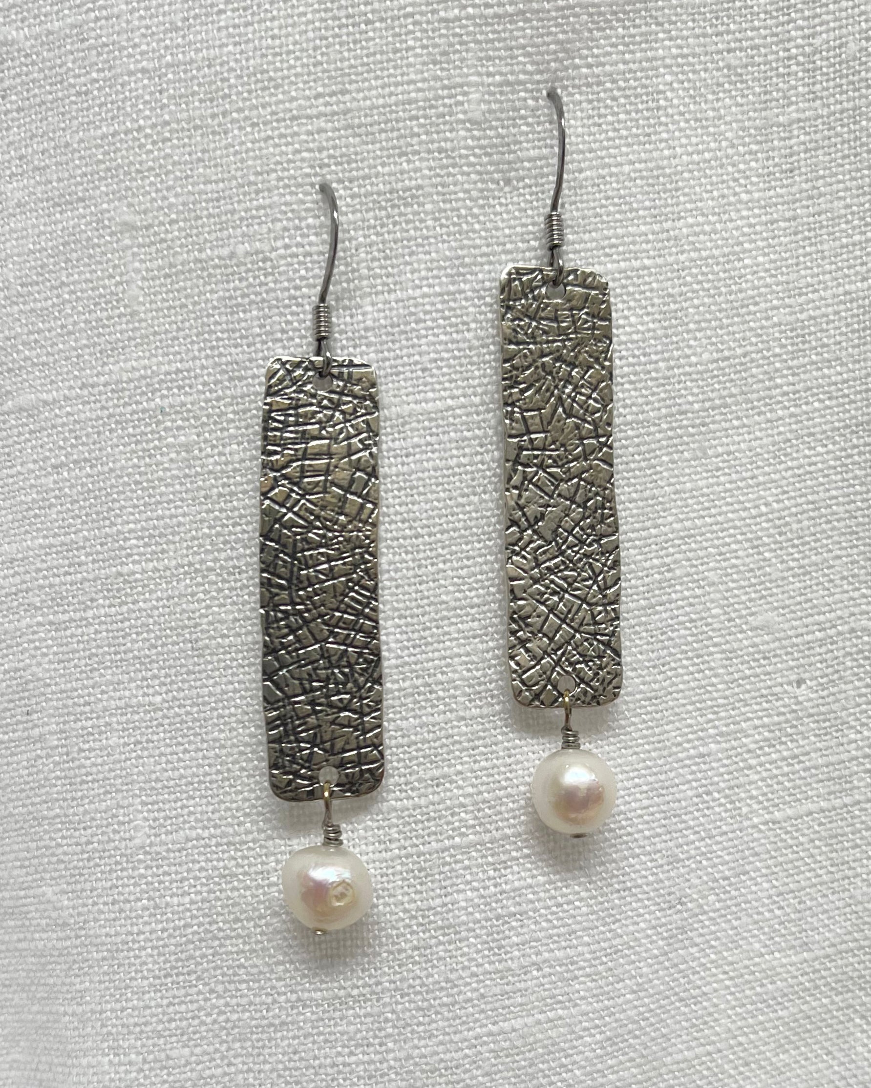 Sterling Silver Rectangle Earrings Freshwater Pearl Drop | Engayla