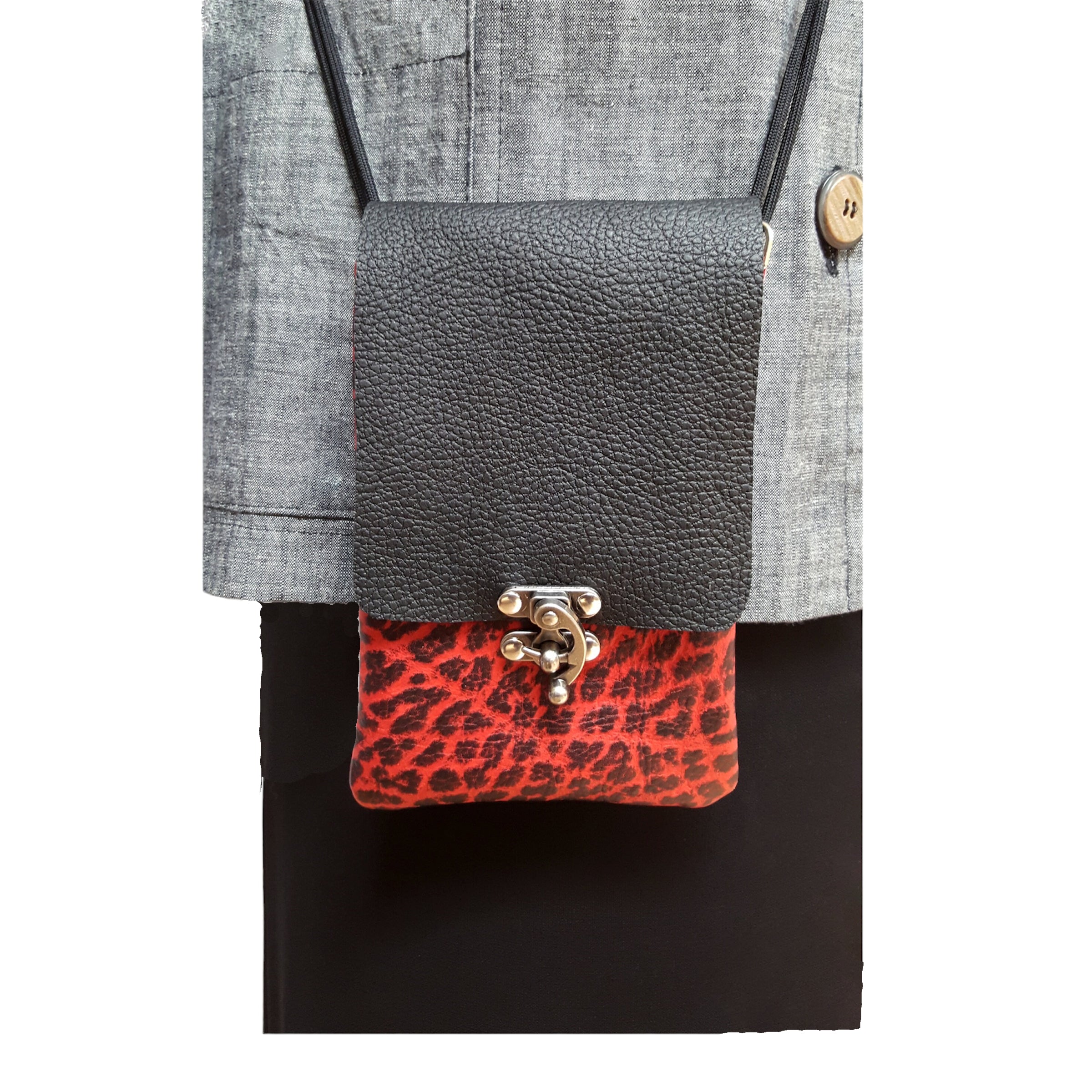 Red Black Leather Phone Crossbody Bag Swing Clasp | Engayla