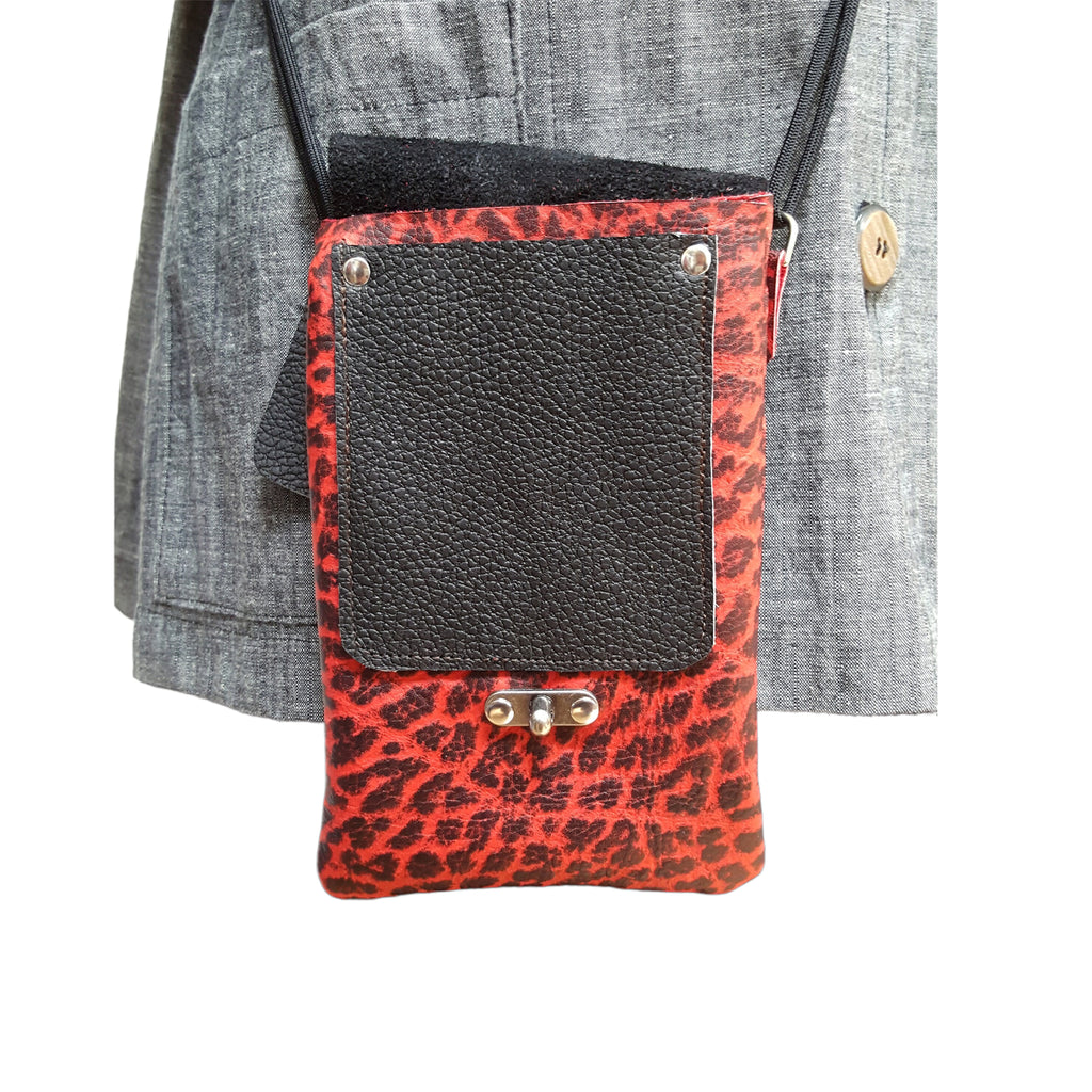 Red Black Leather Phone Crossbody Bag Swing Clasp | Engayla