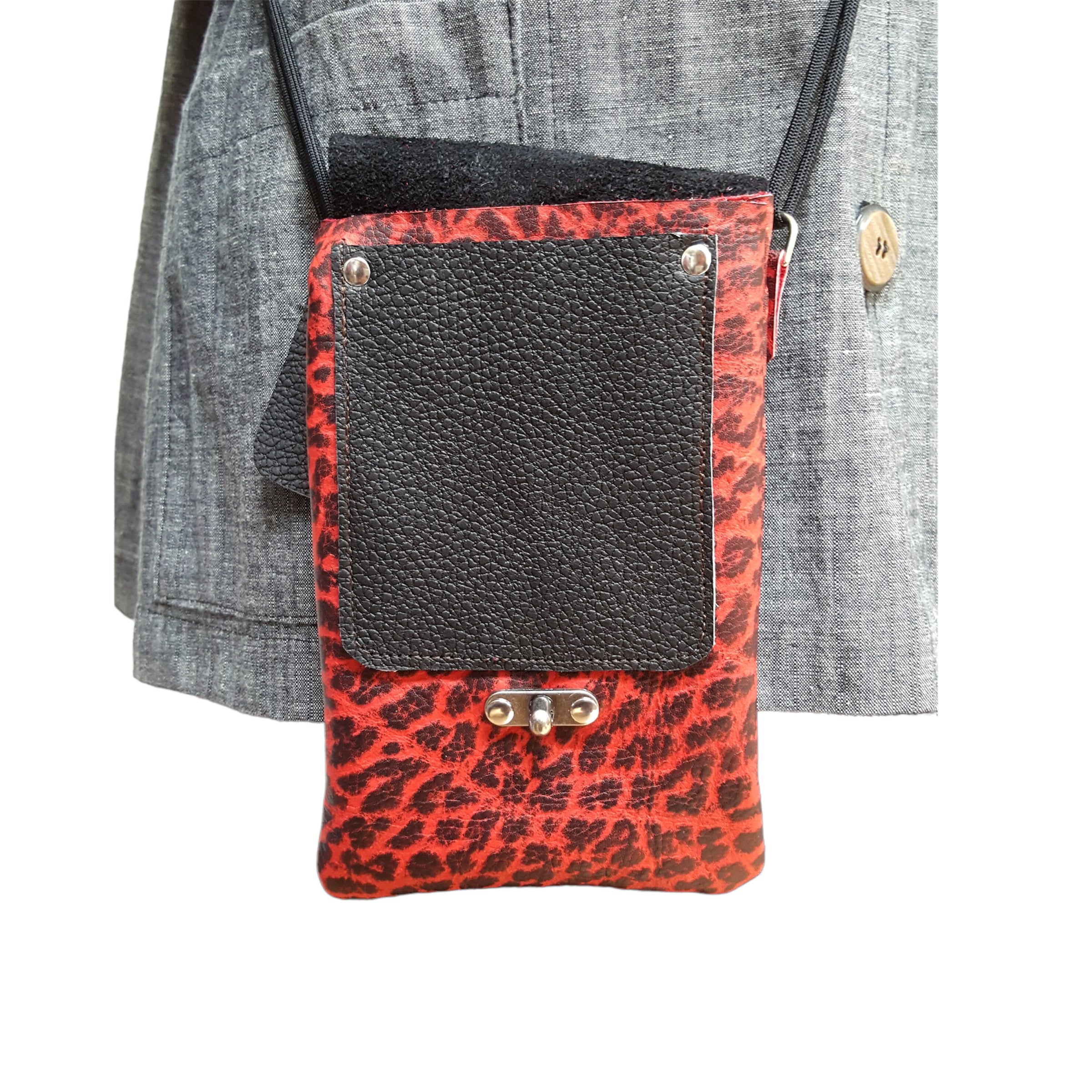 Red Black Leather Phone Crossbody Bag Swing Clasp | Engayla