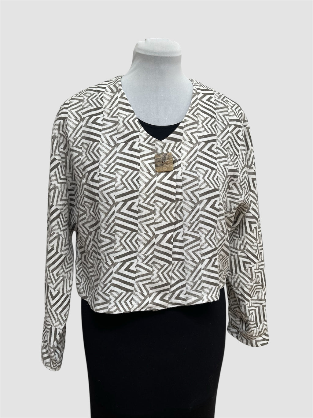 White Linen Bolero Jacket Mudcloth Block Print Brown | Engayla