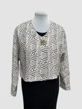 White Linen Bolero Jacket Mudcloth Block Print Brown, handmade in Seattle by Angela Ehrig