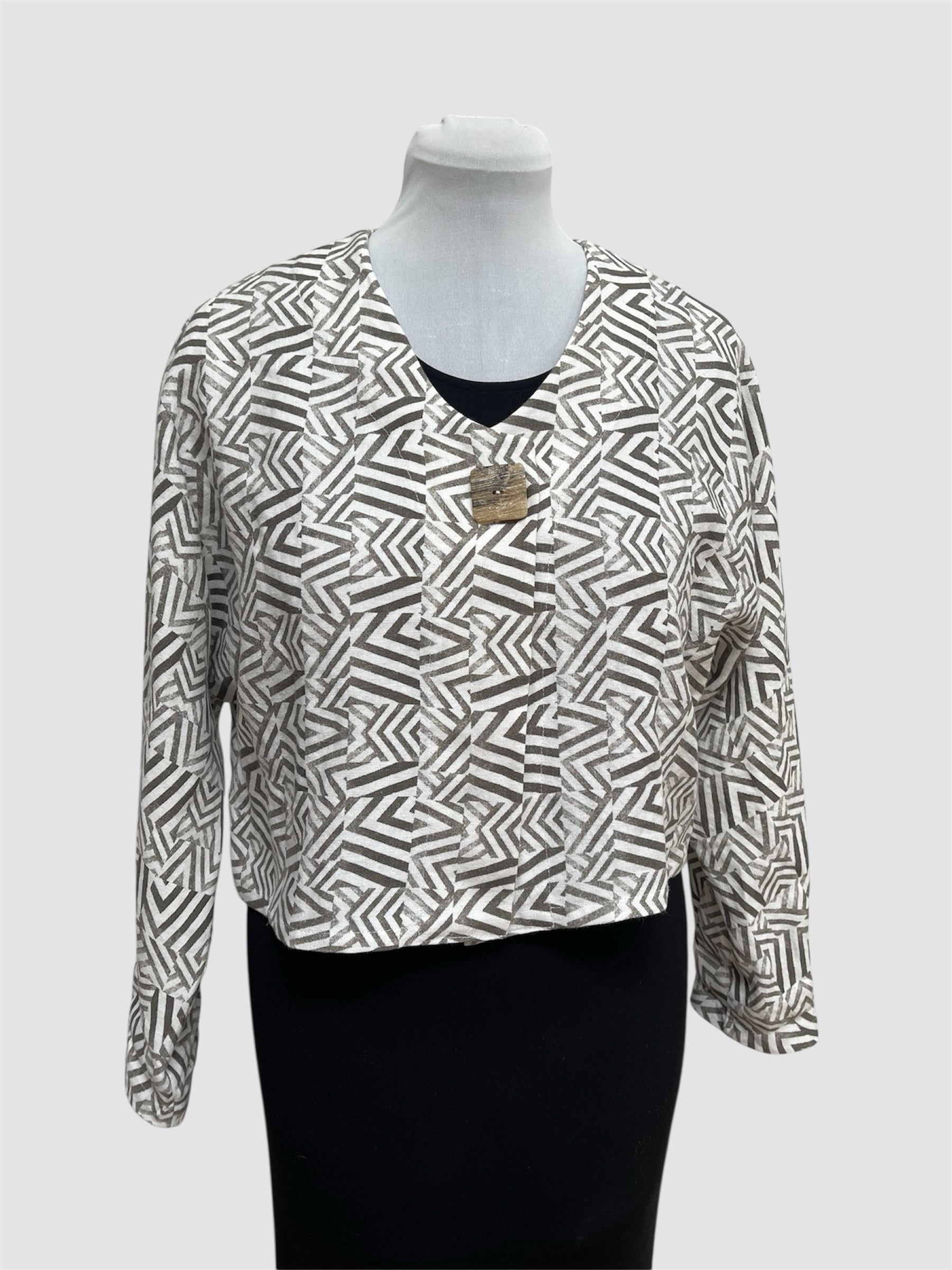 White Linen Bolero Jacket Mudcloth Block Print Brown | Engayla