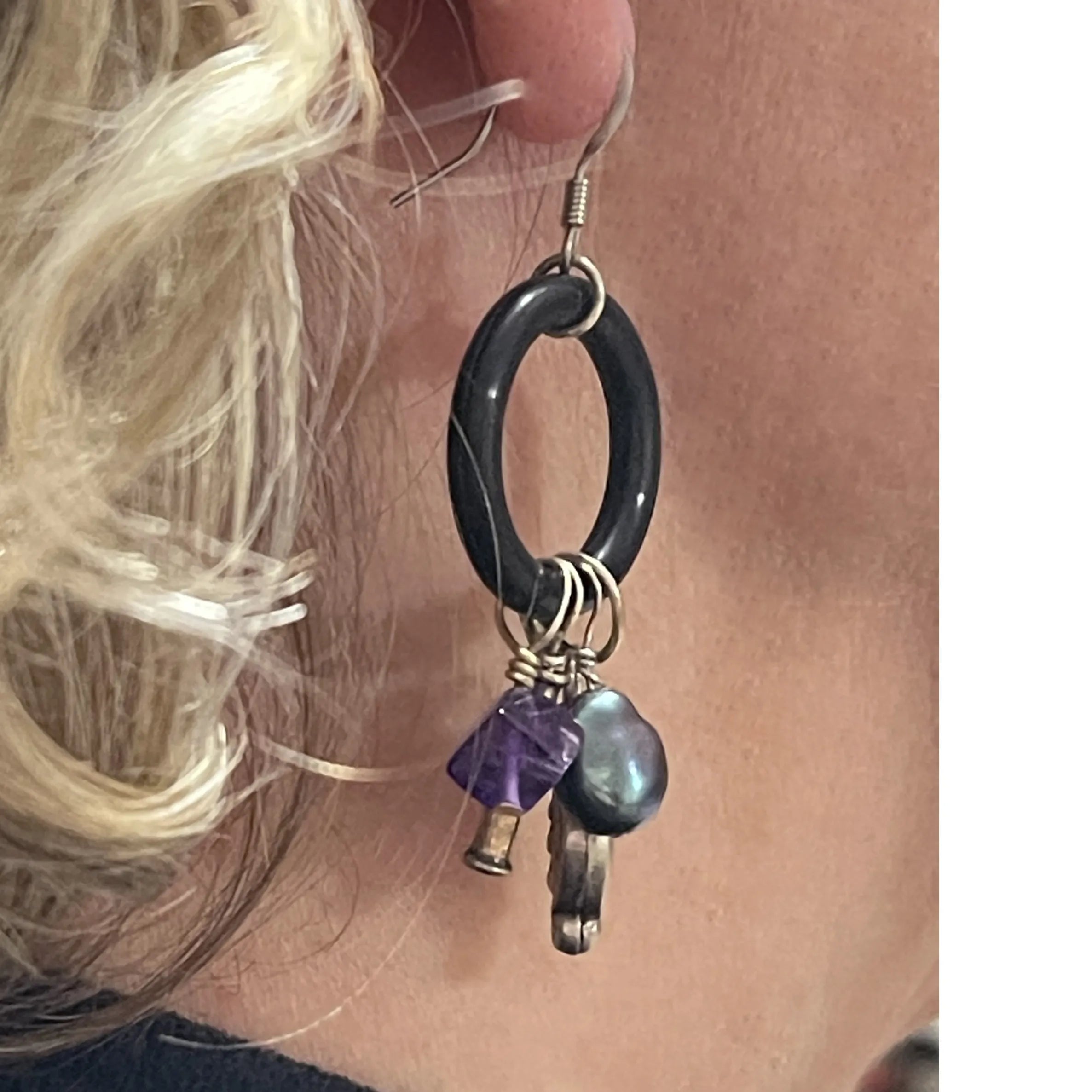 Purple Amethyst Pearl Silver Dangle Earrings Silicone Ring Engayla