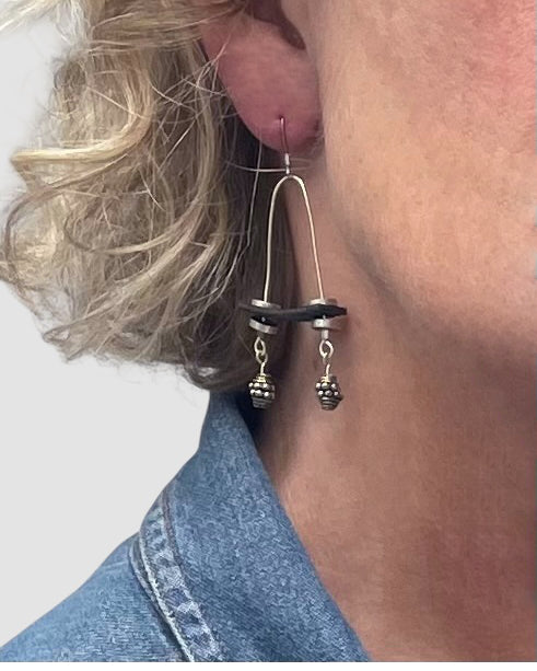 Sterling Silver Black Leather Dangle Earrings Pewter Beads | Engayla