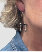 Sterling Silver Black Leather Dangle Earrings Pewter Beads | Engayla