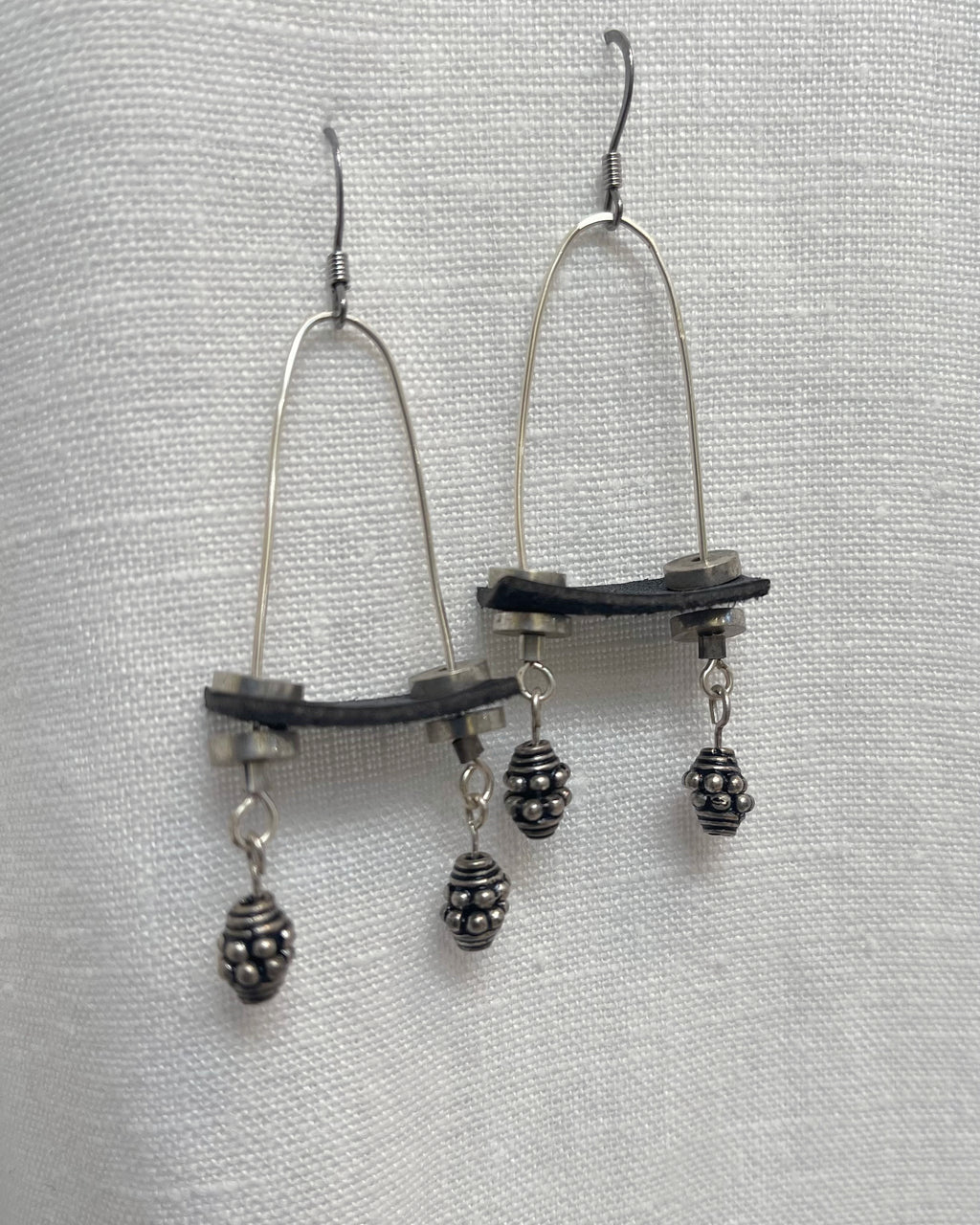 Sterling Silver Black Leather Dangle Earrings Pewter Beads | Engayla
