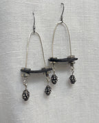 Sterling Silver Black Leather Dangle Earrings Pewter Beads | Engayla