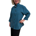 Teal Linen Big Shirt Vintage Buttons Stand Collar, handmade in Seattle by Angela Ehrig