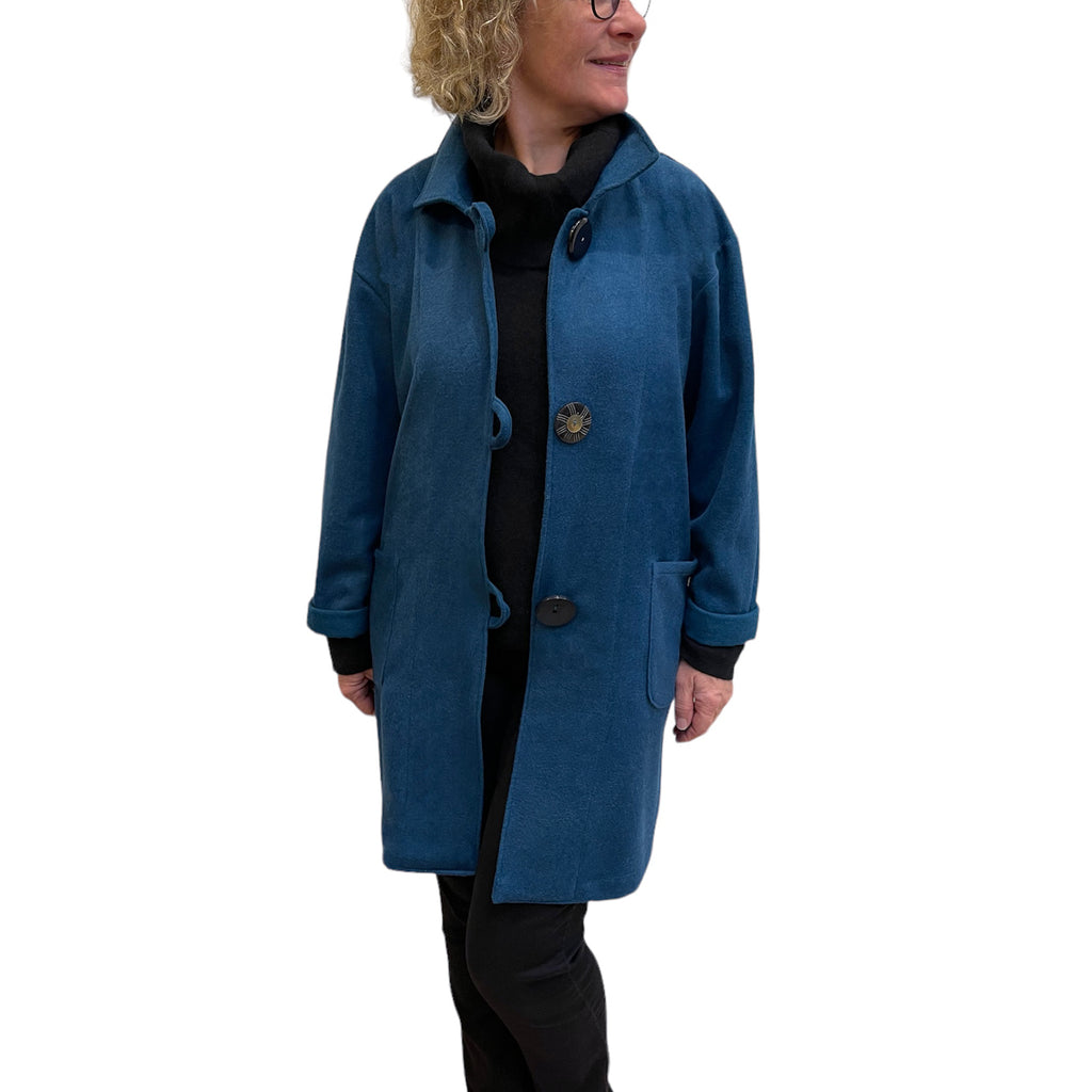 Teal Woven Wool Long Jacket Black Loop Buttons Pockets | Engayla
