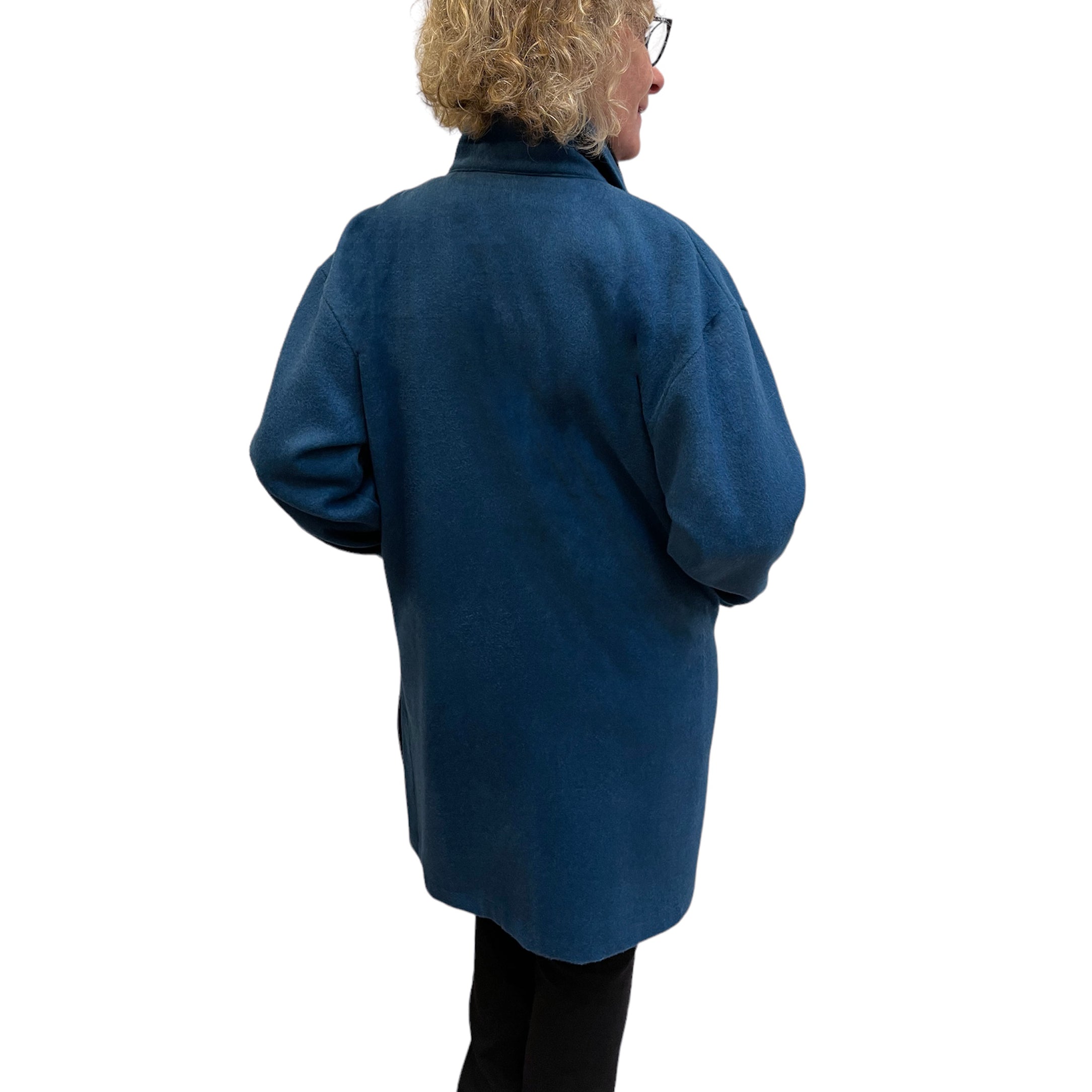Teal Woven Wool Long Jacket Black Loop Buttons Pockets | Engayla