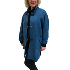 Teal Woven Wool Long Jacket Black Loop Buttons Pockets | Engayla