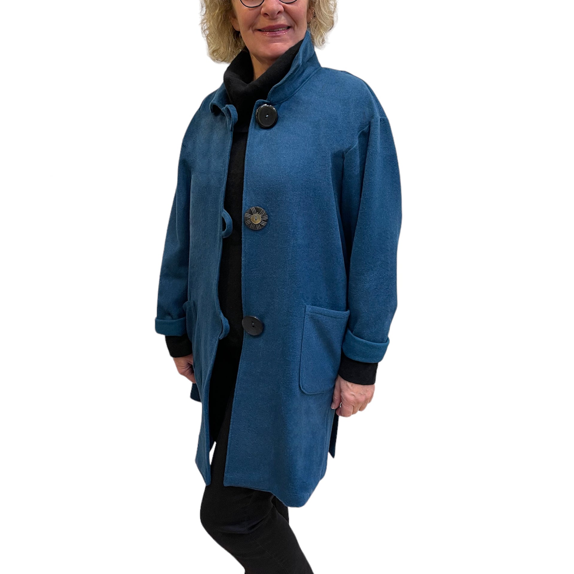Teal Woven Wool Long Jacket Black Loop Buttons Pockets | Engayla