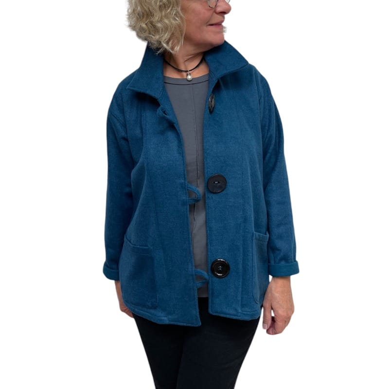 Teal Felted Wool Short Jacket Black Button Loop Pockets | Engayla