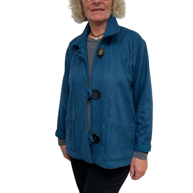 Teal Felted Wool Short Jacket Black Button Loop Pockets | Engayla