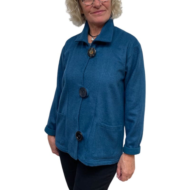 Teal Felted Wool Short Jacket Black Button Loop Pockets | Engayla
