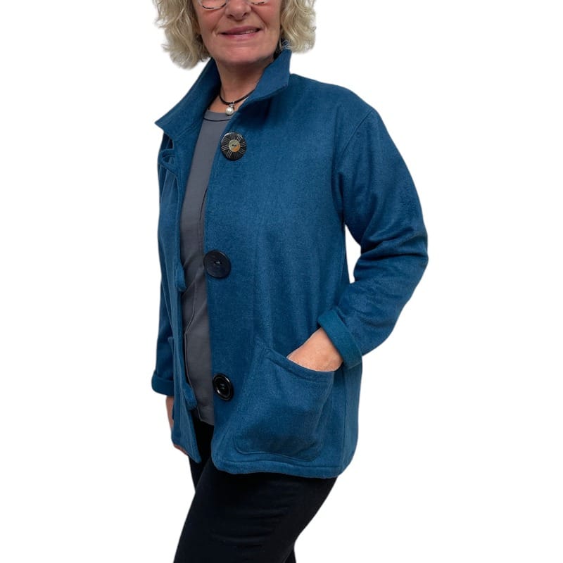 Teal Felted Wool Short Jacket Black Button Loop Pockets | Engayla