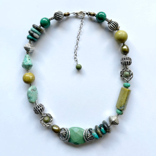 Turquoise Malachite Pearl Gemstone Chunky Necklace Silver | Engayla