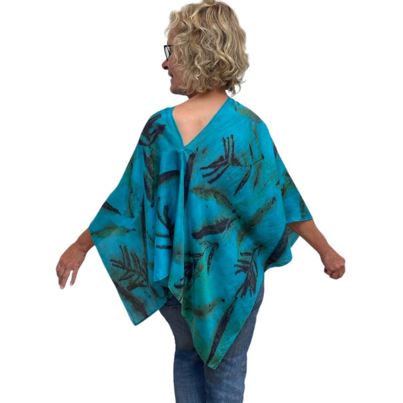 Turquoise Fireweed Eco Print Silk Poncho Botanical | Engayla