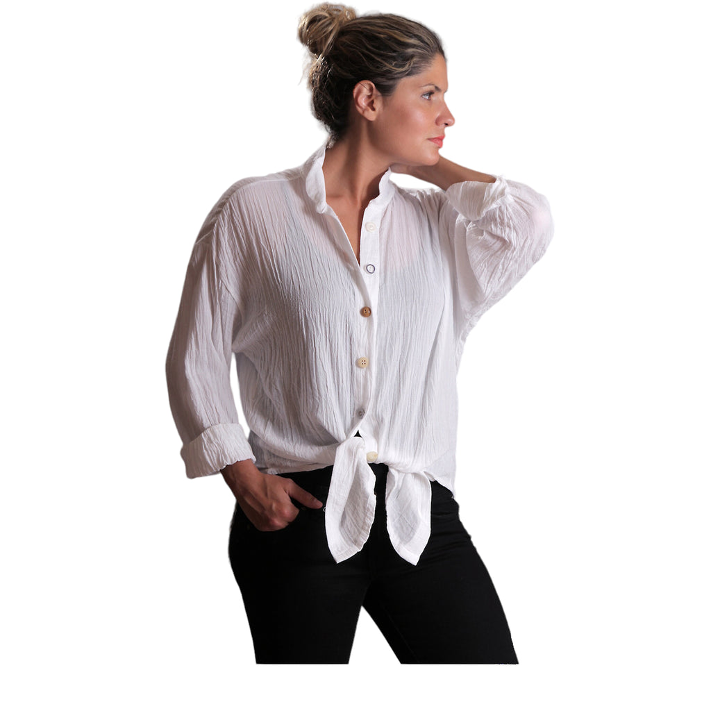 White Cotton Gauze Boyfriend Shirt Beach Cover Up Engayla