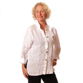 White Linen Oversized Shirt Upcycled Horn Vintage Buttons, handmade in Seattle by Angela Ehrig