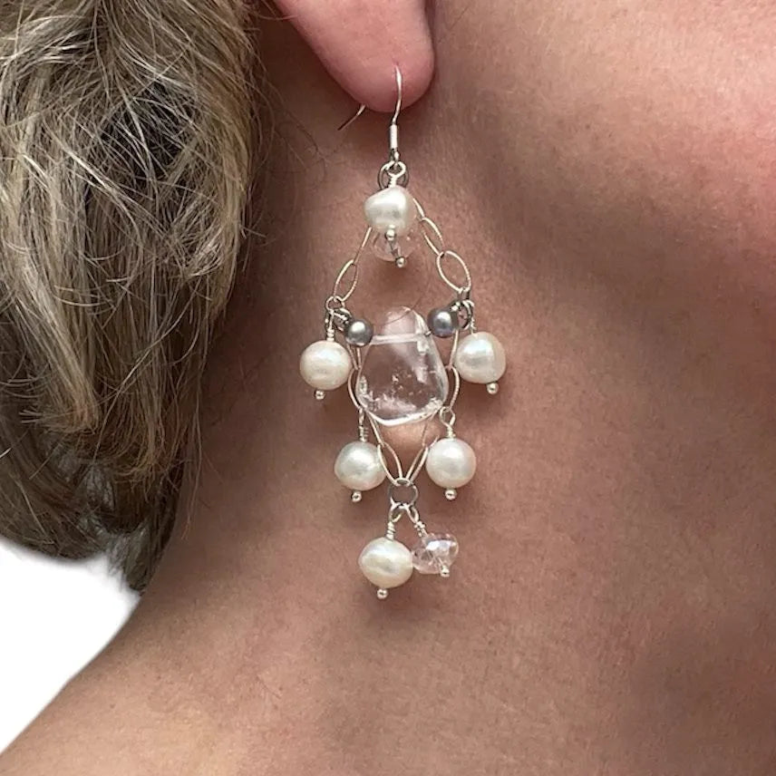 White Pearl Crystal Quartz Sterling Silver Chandelier Earrings Engayla