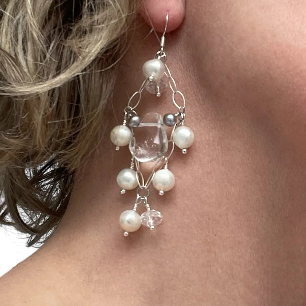 White Pearl Crystal Quartz Sterling Silver Chandelier Earrings Engayla
