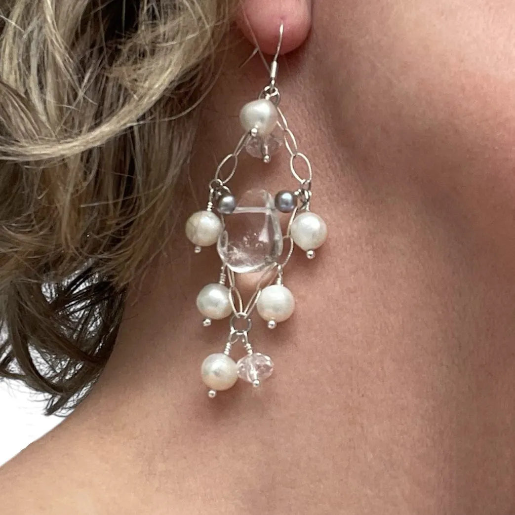 White Pearl Crystal Quartz Sterling Silver Chandelier Earrings Engayla