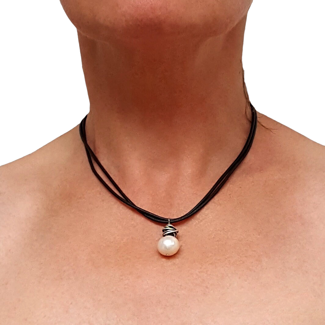 Freshwater Pearl Leather Cord Necklace Silver Wrapped | Engayla