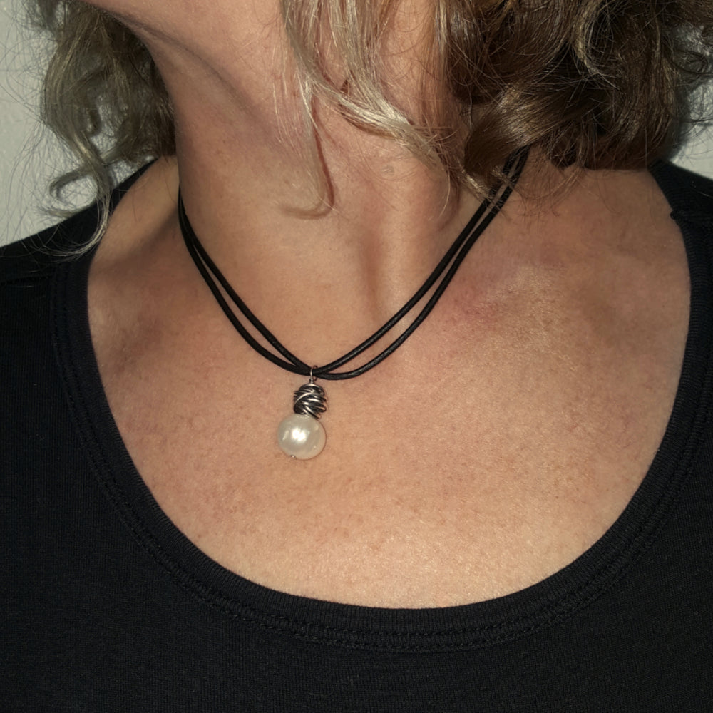 Freshwater Pearl Leather Cord Necklace Silver Wrapped | Engayla