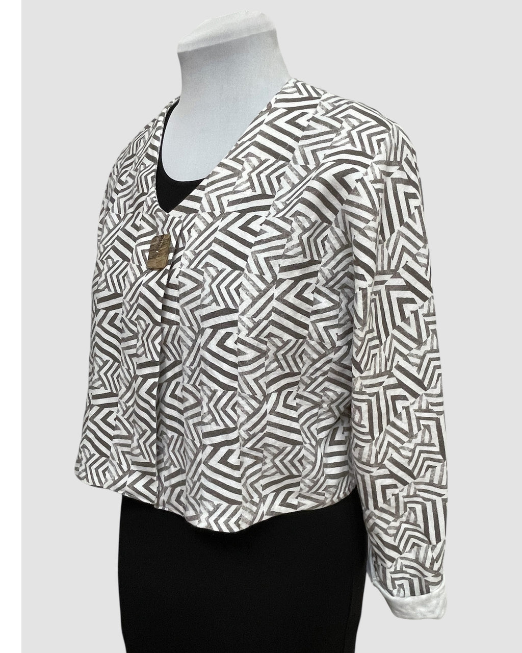 White Linen Bolero Jacket Mudcloth Block Print Brown | Engayla