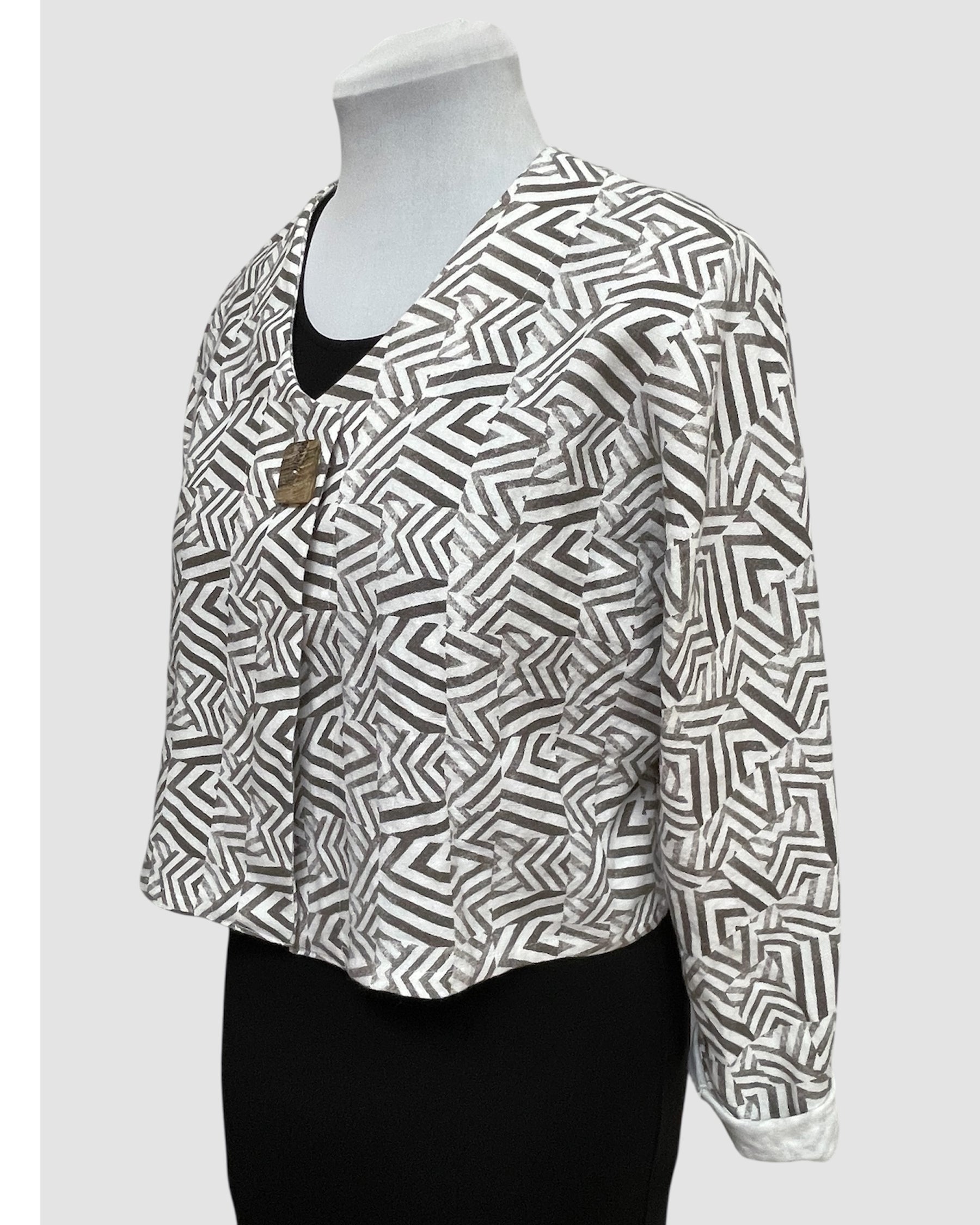 White Linen Bolero Jacket Mudcloth Block Print Brown | Engayla