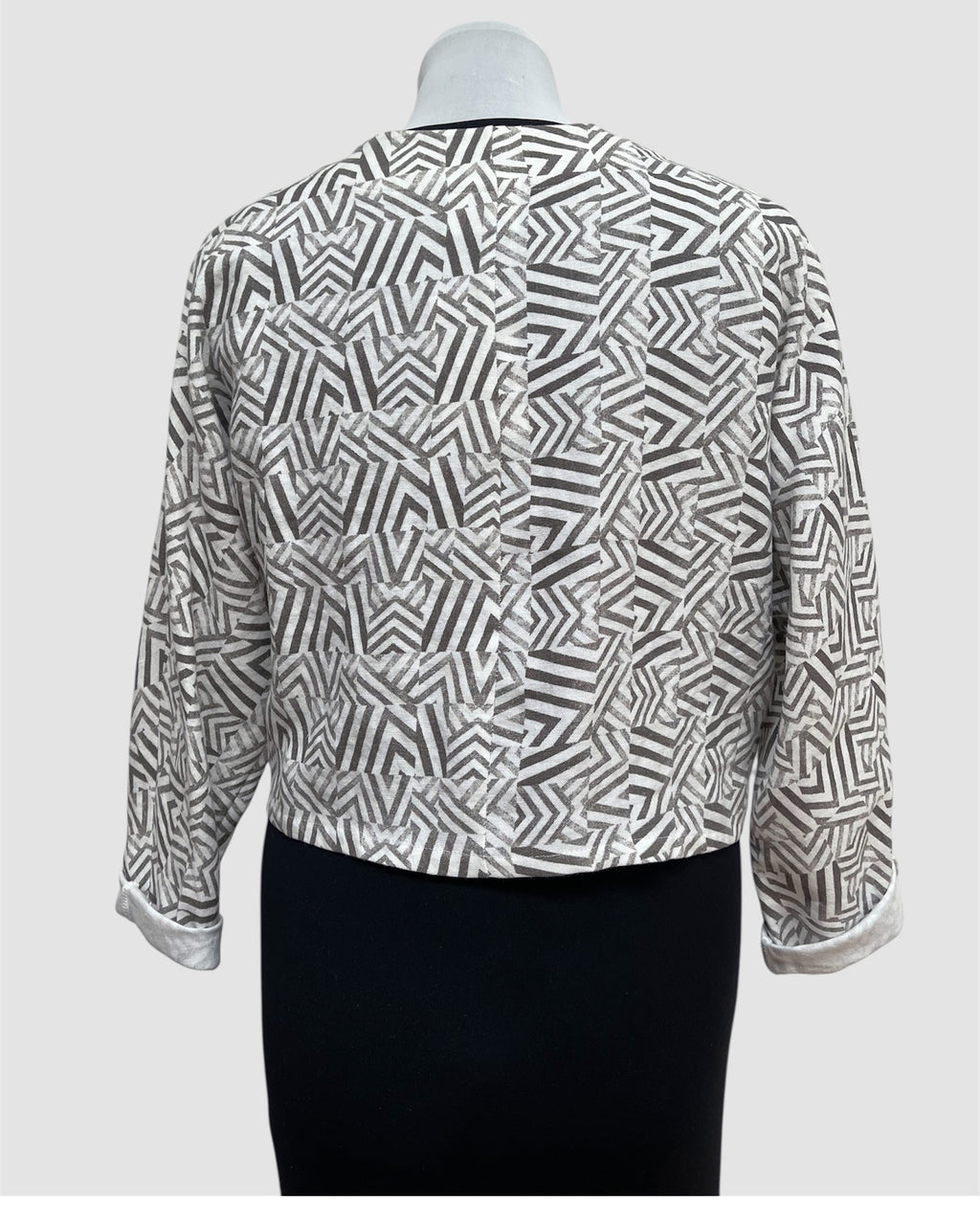 White Linen Bolero Jacket Mudcloth Block Print Brown | Engayla