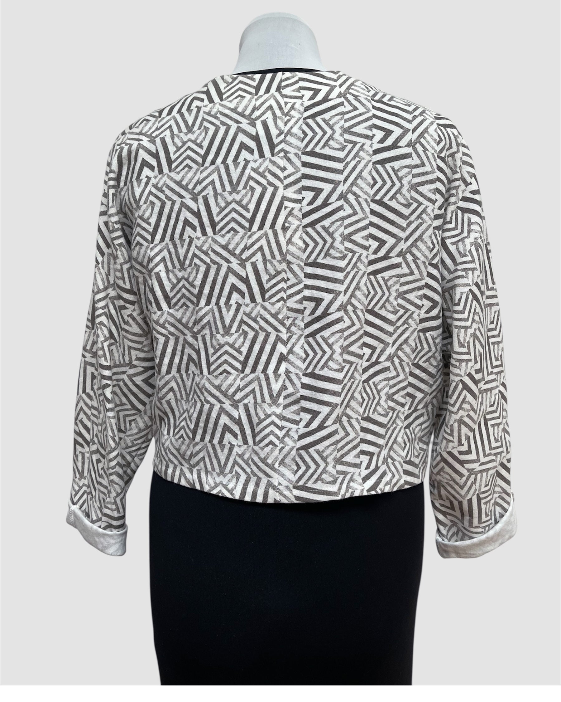 White Linen Bolero Jacket Mudcloth Block Print Brown | Engayla