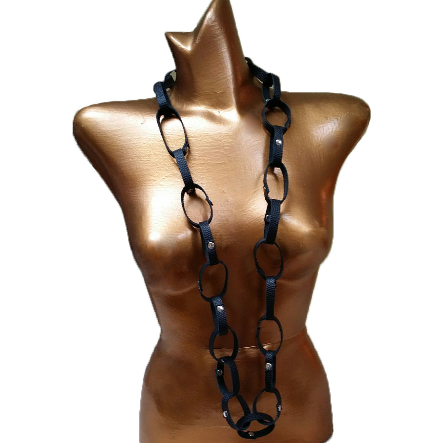 Black Leather Loop Necklace 25 Inch Silver Rivets | Engayla