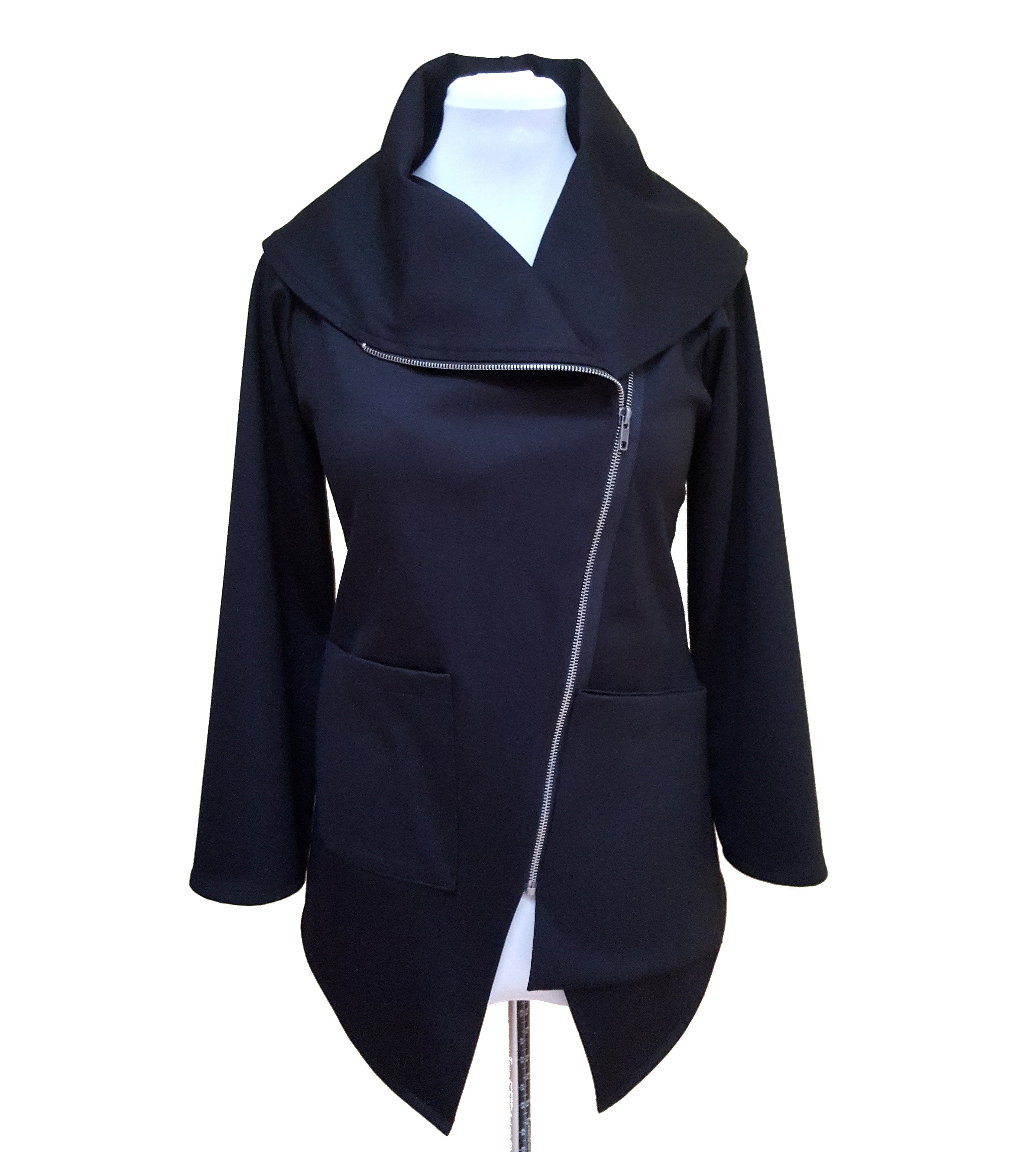 Black Knit Asymmetrical Moto Jacket Silver Zip Tencel | Engayla