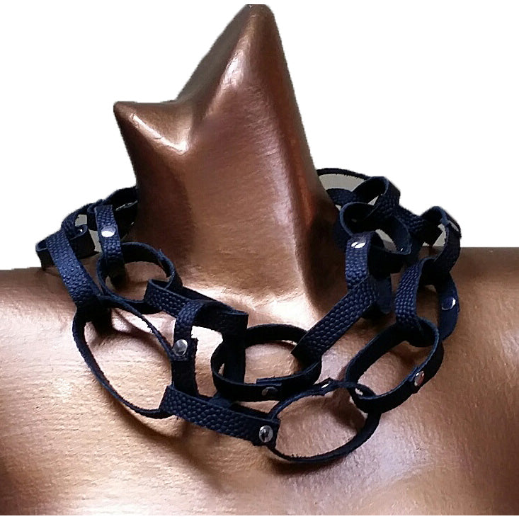 Black Leather Loop Necklace 25 Inch Silver Rivets | Engayla