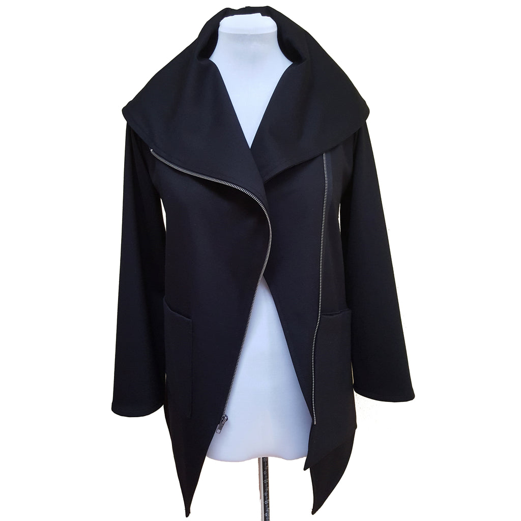 Black Knit Asymmetrical Moto Jacket Silver Zip Tencel | Engayla