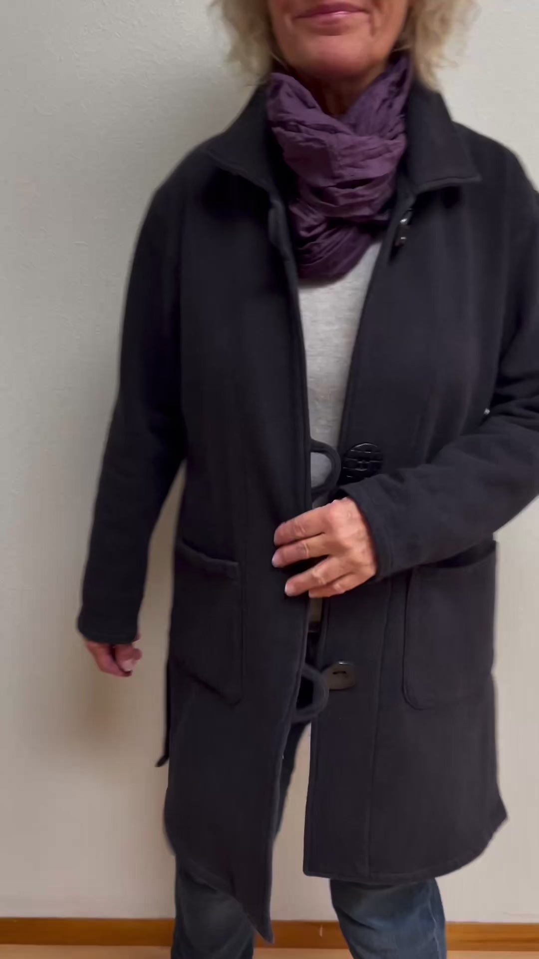 Charcoal Hand-Dyed Cotton Fleece Long Jacket Button Loop | Engayla