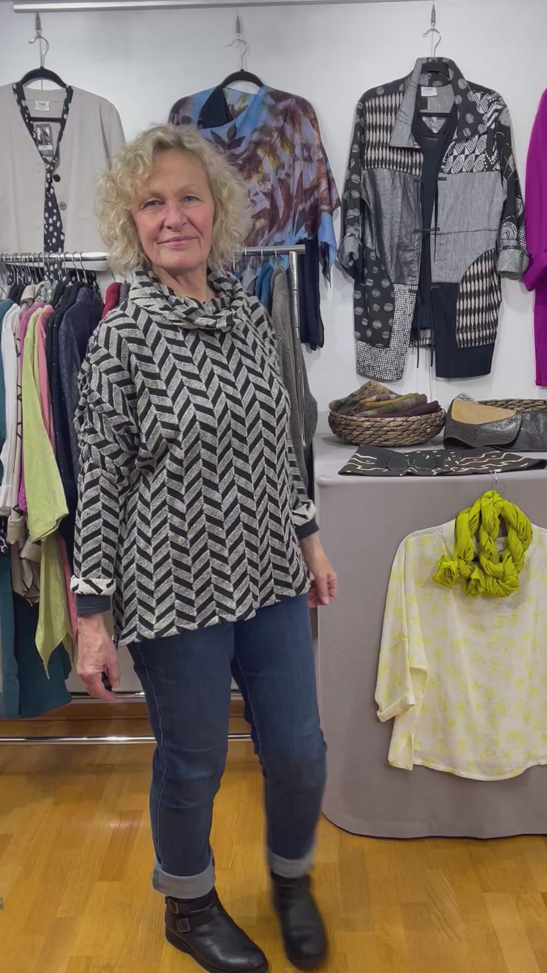 Beige Black Chevron Jacquard Cotton Cowl Tunic | Engayla