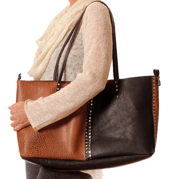 Large brown black leather tote bag