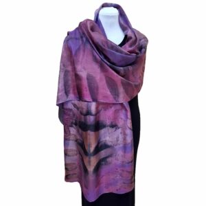 Eco-dyed silk scarf with black walnut on blue and purple