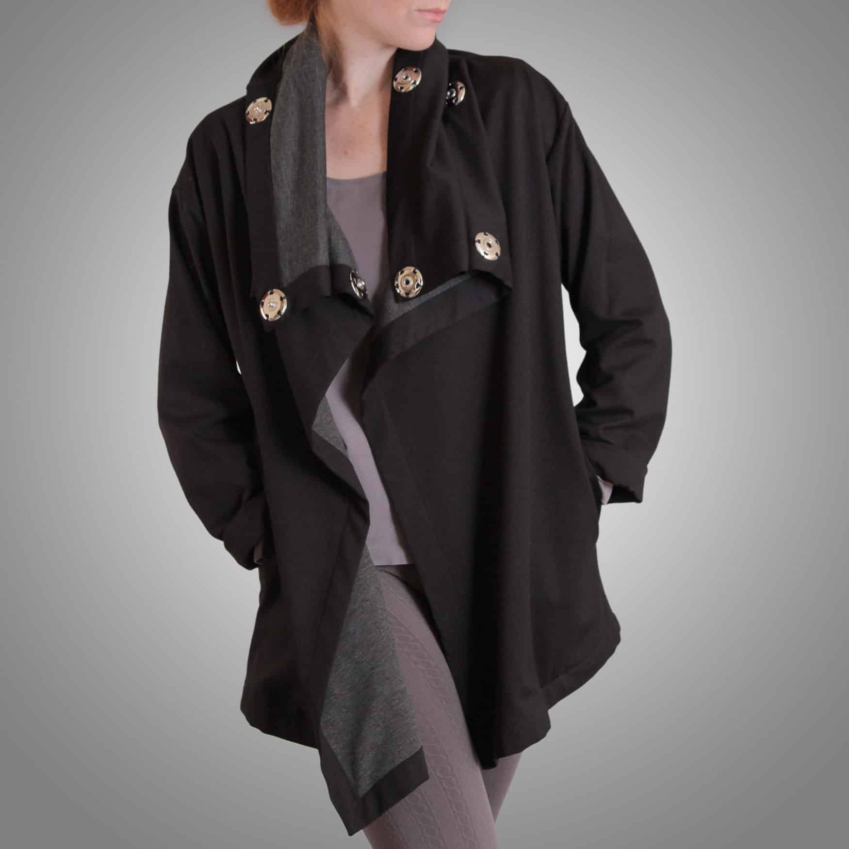 Black yoga jacket with large silver snaps