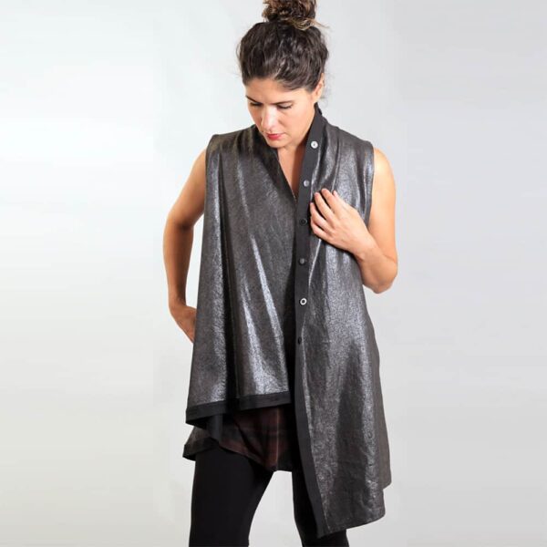 Black silver linen asymmetrical long vest