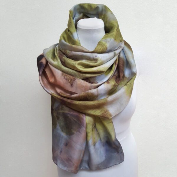 Eco printed silk scarf with chestnut on blue and green