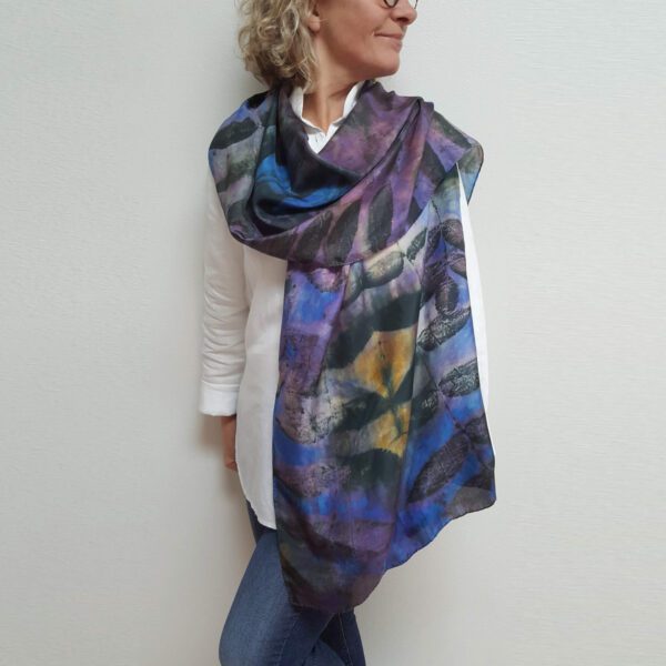 Eco printed silk scarf with black walnut on blue and purple