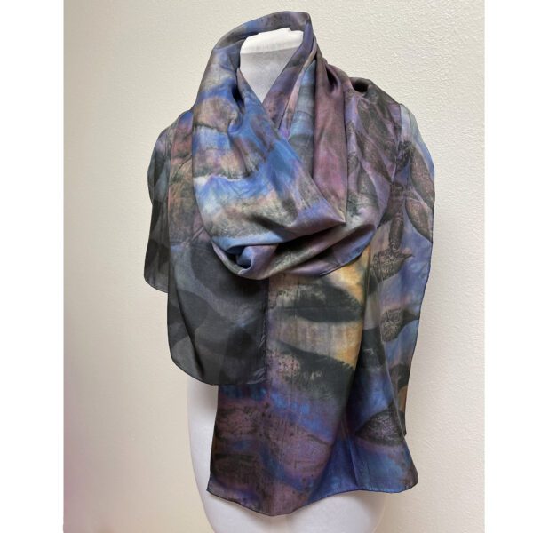 eco printed silk scarf with black walnut on blue and purple