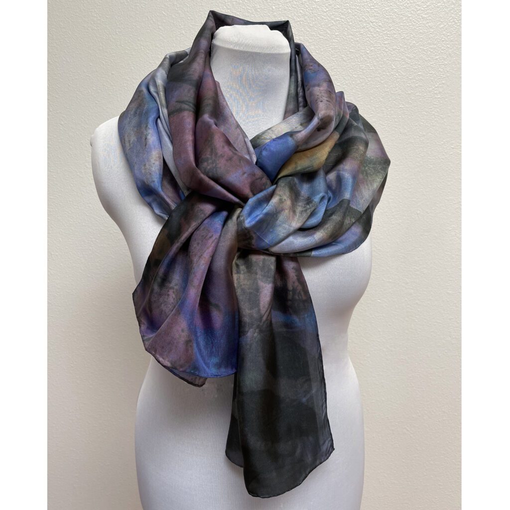 Eco printed silk scarf with black walnut on blue and purple | Shop now ...